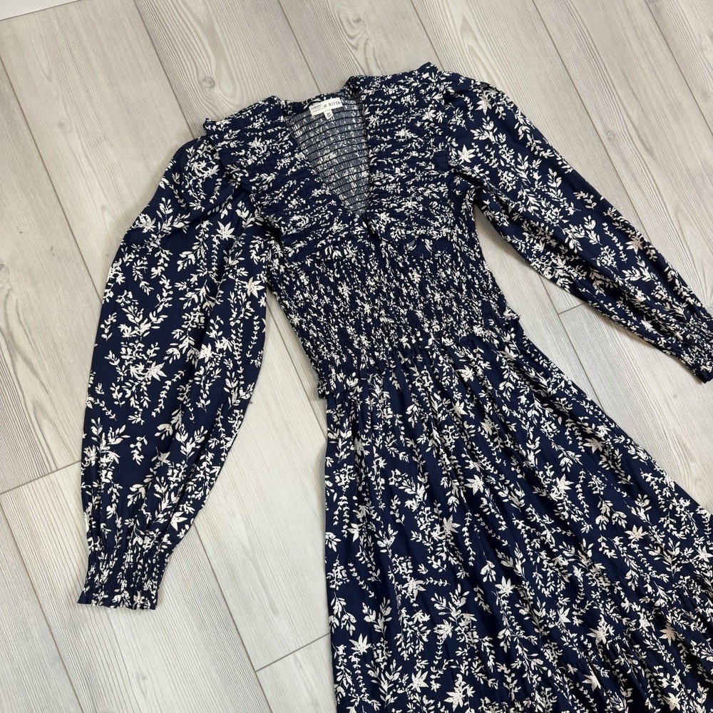 Anthropologie Moon River Ruffle Shirred Midi Dress Womens XS Blue White Floral - Picture 3 of 13